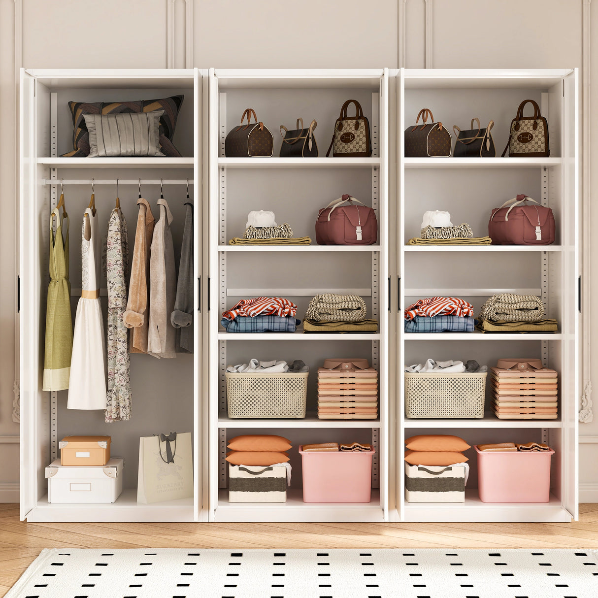 240cm 6-Door White Steel 1 Hanging and 2 Shelf Wardrobe, No Above Storage - Black Handle