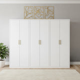 240cm 6-Door White Steel 1 Hanging and 2 Shelf Wardrobe, No Above Storage - Gold Handle