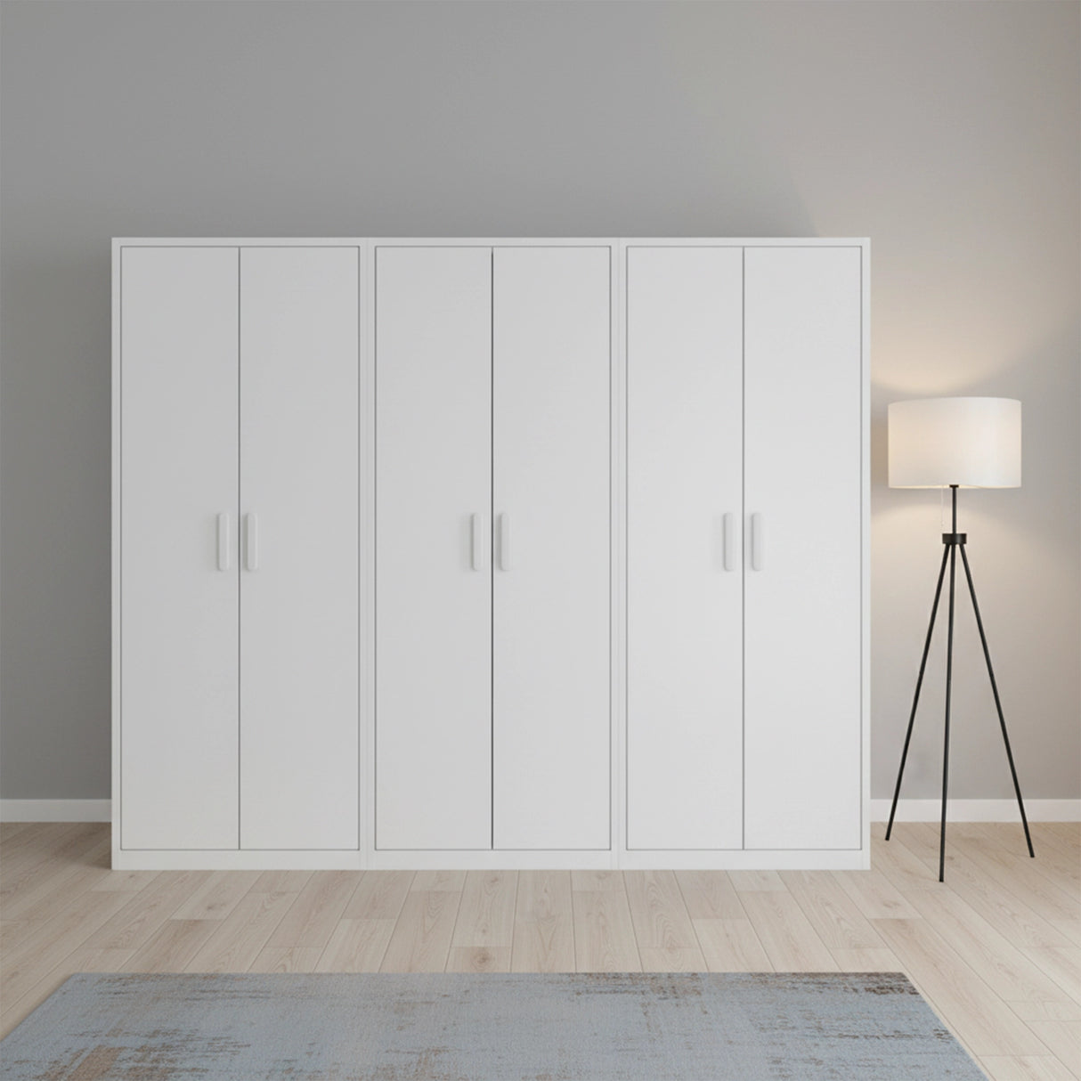 240cm 6-Door White Steel 1 Hanging and 2 Shelf Wardrobe, No Above Storage - White Handle