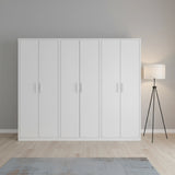 240cm 6-Door White Steel 1 Hanging and 2 Shelf Wardrobe, No Above Storage - White Handle