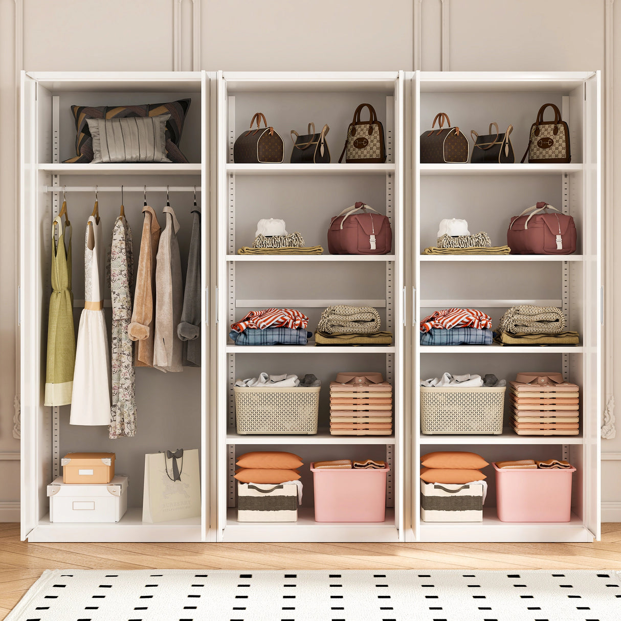 240cm 6-Door White Steel 1 Hanging and 2 Shelf Wardrobe, No Above Storage - White Handle