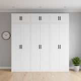 240cm 6-Door White Steel 3 Hanging Wardrobe, Above Storage - Black Handle
