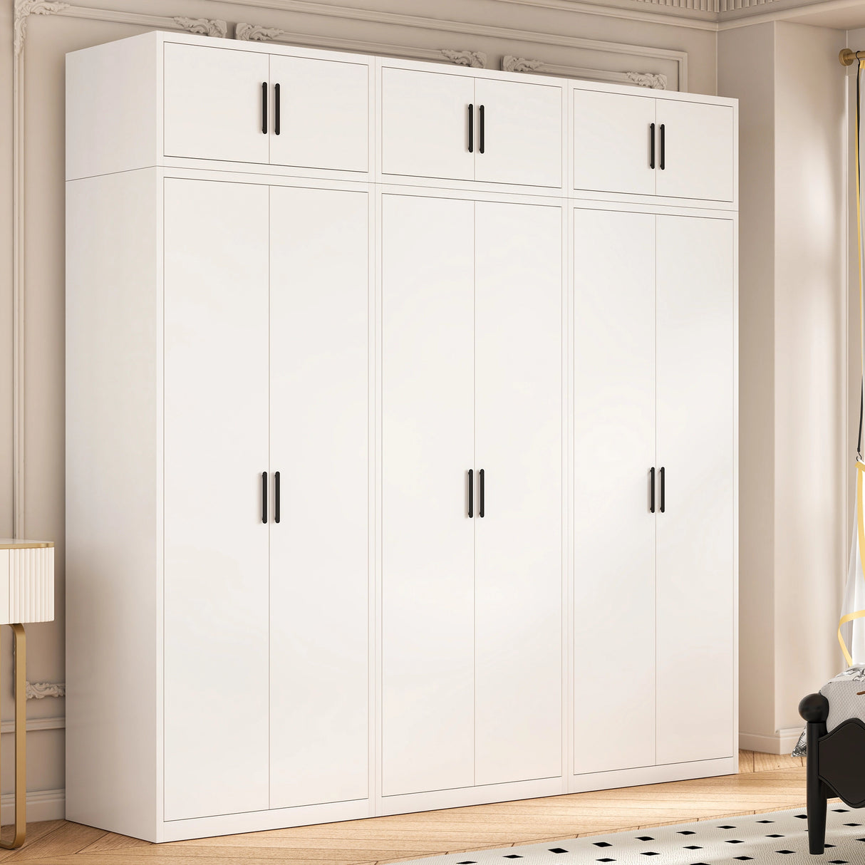 240cm 6-Door White Steel 3 Hanging Wardrobe, Above Storage - Black Handle