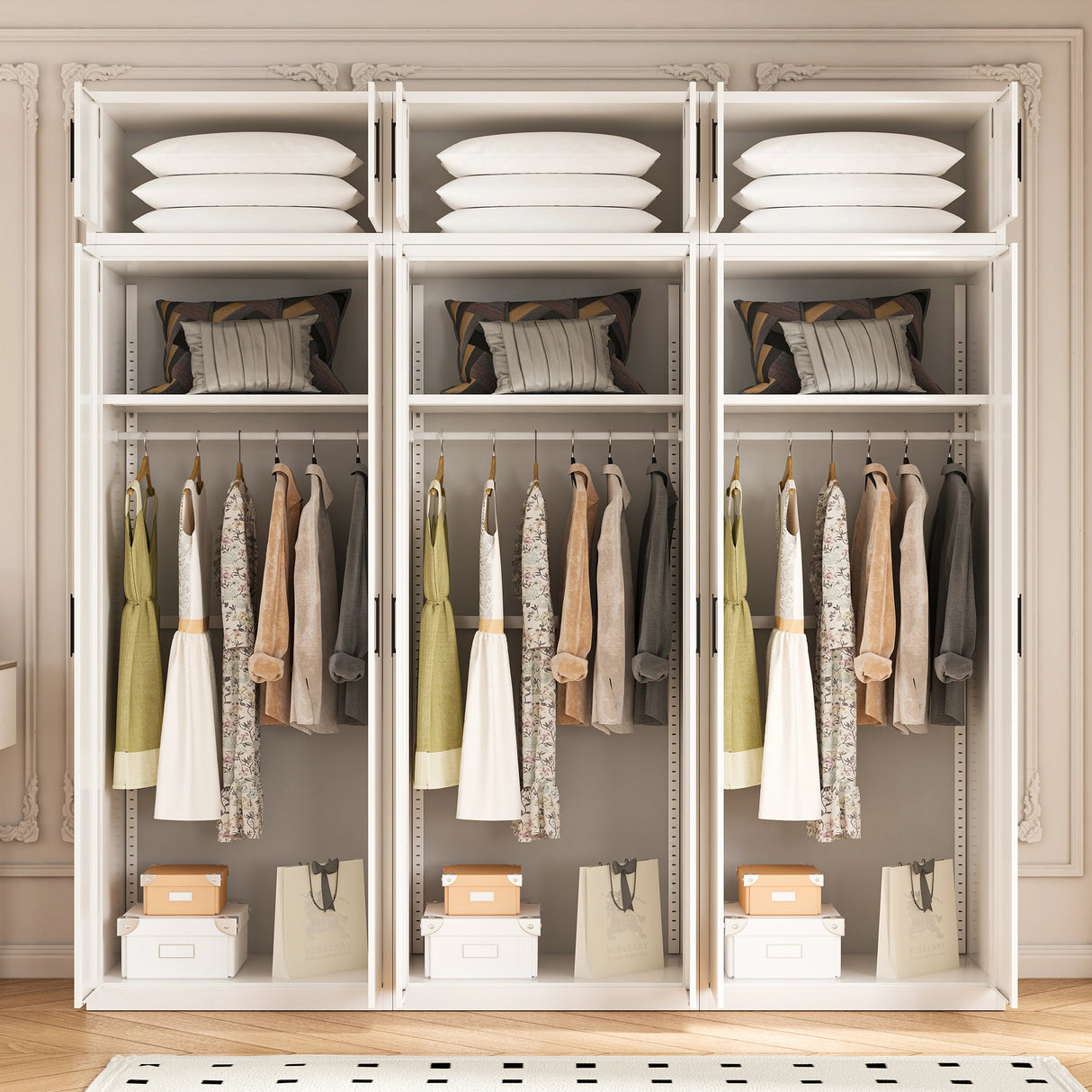 240cm 6-Door White Steel 3 Hanging Wardrobe, Above Storage - Black Handle