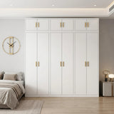 240cm 6-Door White Steel 3 Hanging Wardrobe, Above Storage - Gold Handle