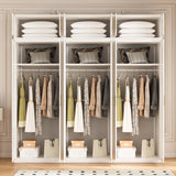 240cm 6-Door White Steel 3 Hanging Wardrobe, Above Storage - Gold Handle