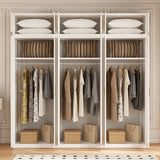 240cm 6-Door White Steel 3 Hanging Wardrobe, Above Storage - Gold Handle