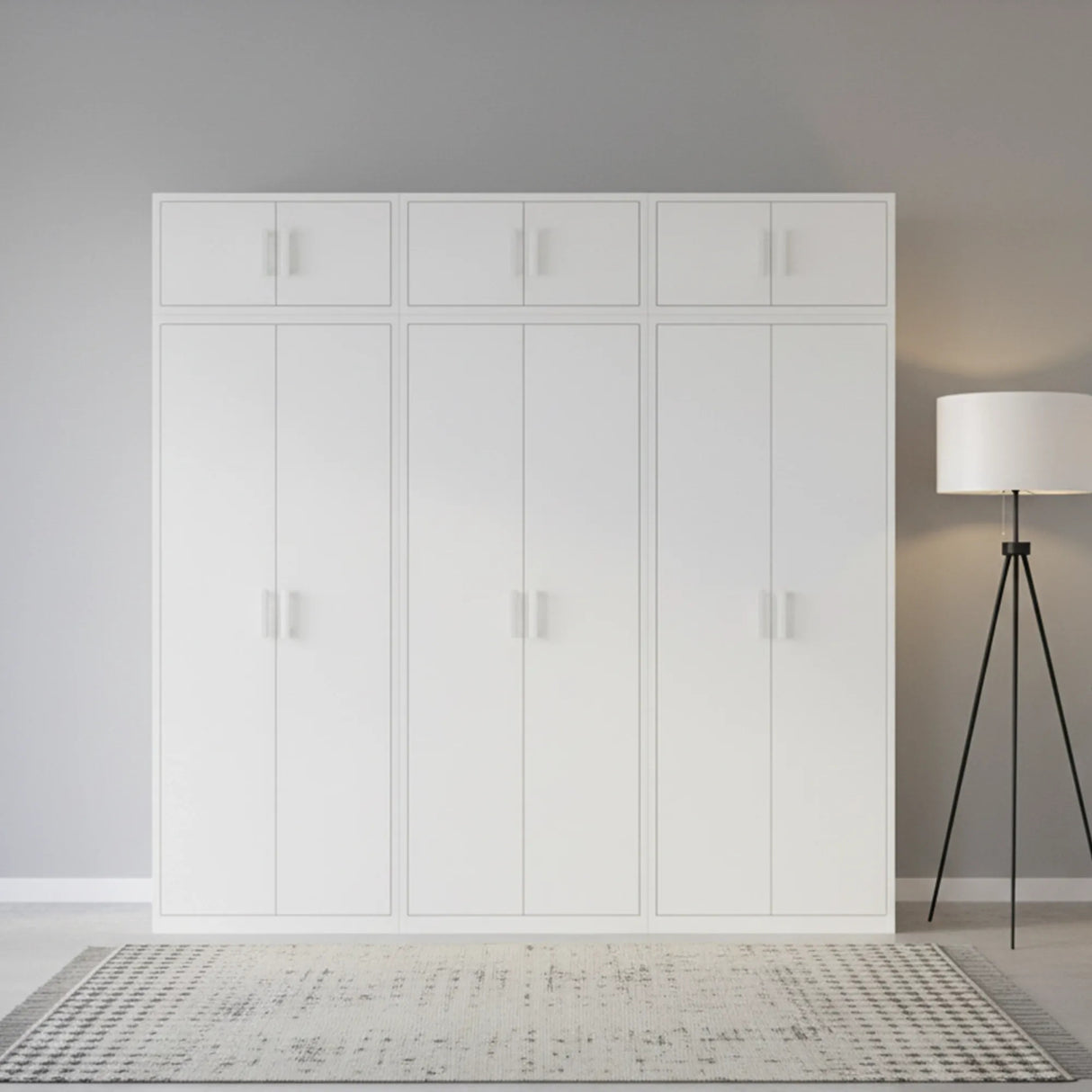 240cm 6-Door White Steel 3 Hanging Wardrobe, Above Storage - White Handle