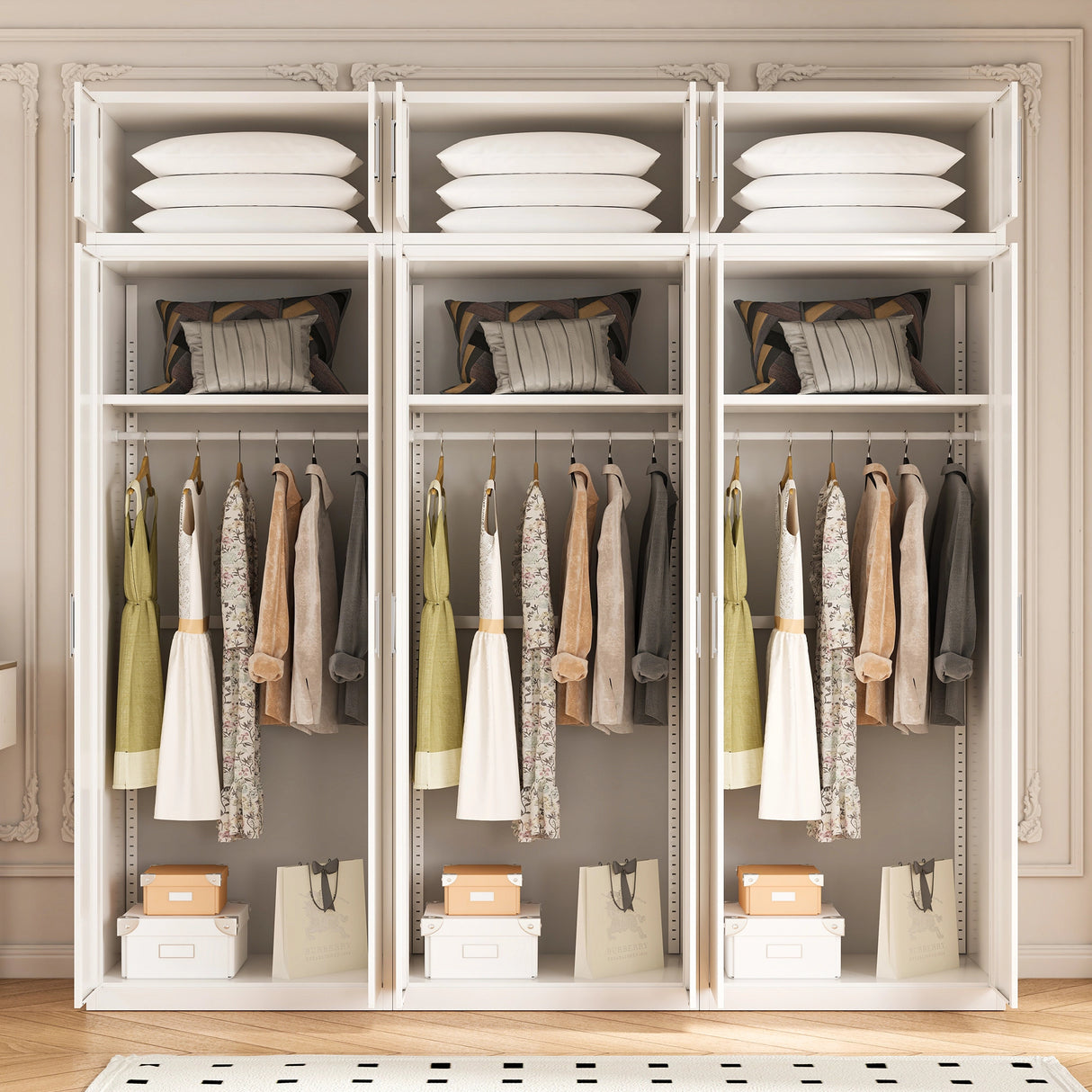 240cm 6-Door White Steel 3 Hanging Wardrobe, Above Storage - White Handle