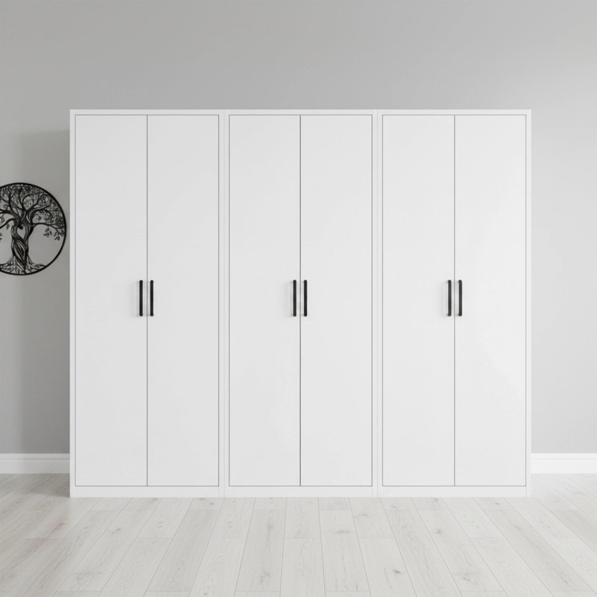 240cm 6-Door White Steel 3 Hanging Wardrobe, No Above Storage - Black Handle