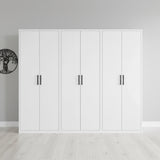 240cm 6-Door White Steel 3 Hanging Wardrobe, No Above Storage - Black Handle