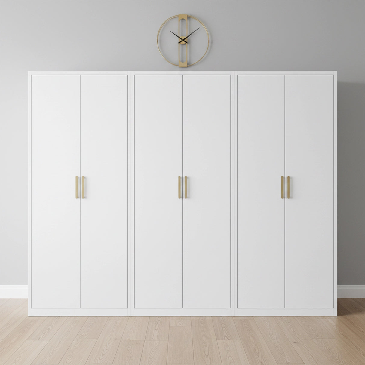240cm 6-Door White Steel 3 Hanging Wardrobe, No Above Storage - Gold Handle