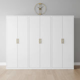 240cm 6-Door White Steel 3 Hanging Wardrobe, No Above Storage - Gold Handle