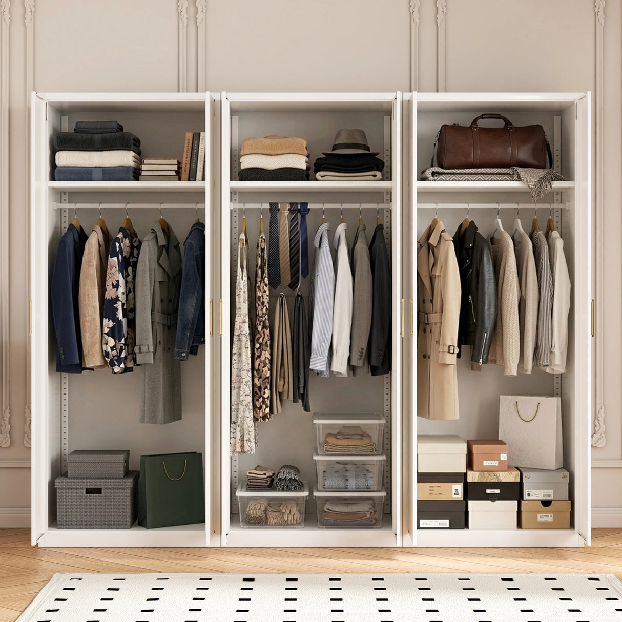 240cm 6-Door White Steel 3 Hanging Wardrobe, No Above Storage - Gold Handle