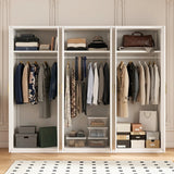 240cm 6-Door White Steel 3 Hanging Wardrobe, No Above Storage - Gold Handle