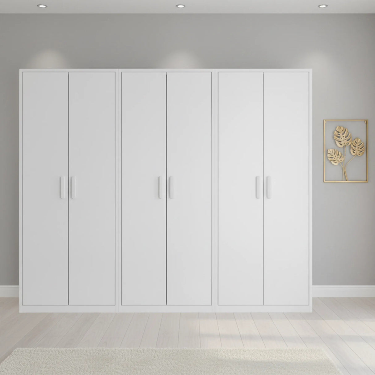 240cm 6-Door White Steel 3 Hanging Wardrobe, No Above Storage - White Handle