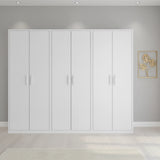 240cm 6-Door White Steel 3 Hanging Wardrobe, No Above Storage - White Handle