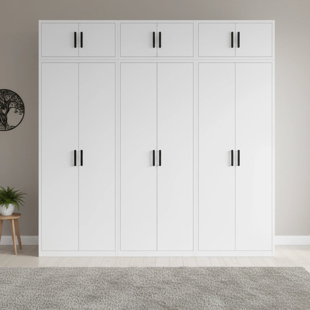 240cm 6-Door White Steel 3 Shelf Wardrobe, Above Storage - Black Handle