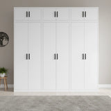 240cm 6-Door White Steel 3 Shelf Wardrobe, Above Storage - Black Handle