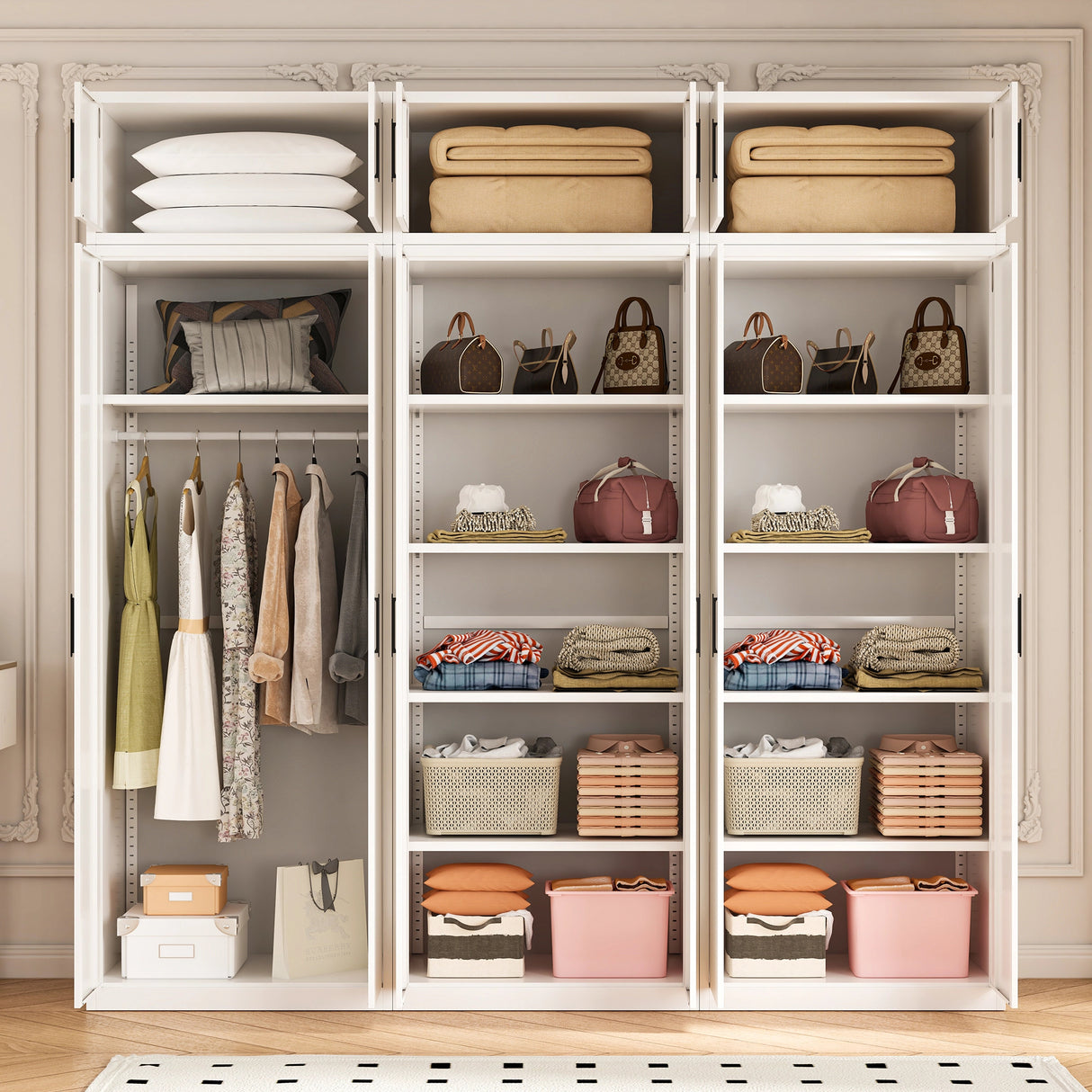 240cm 6-Door White Steel 3 Shelf Wardrobe, Above Storage - Black Handle