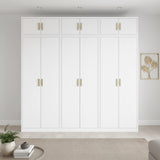 240cm 6-Door White Steel 3 Shelf Wardrobe, Above Storage - Gold Handle