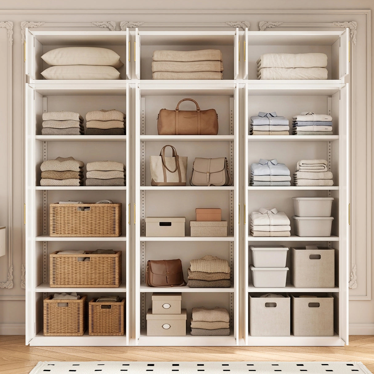 240cm 6-Door White Steel 3 Shelf Wardrobe, Above Storage - Gold Handle