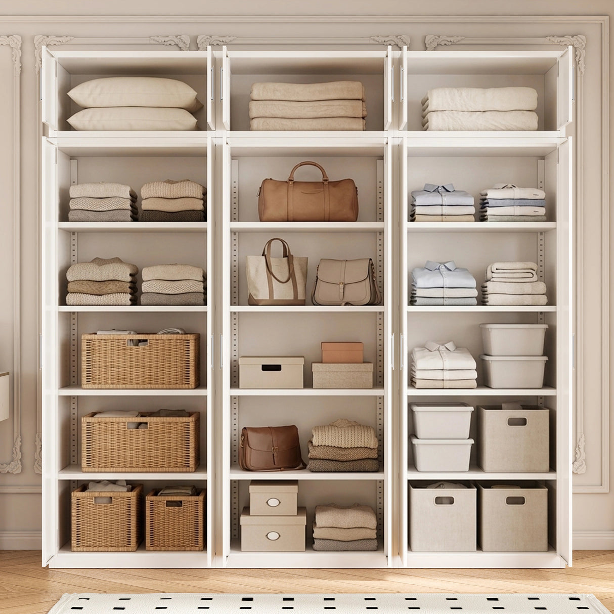 240cm 6-Door White Steel 3 Shelf Wardrobe, Above Storage - White Handle