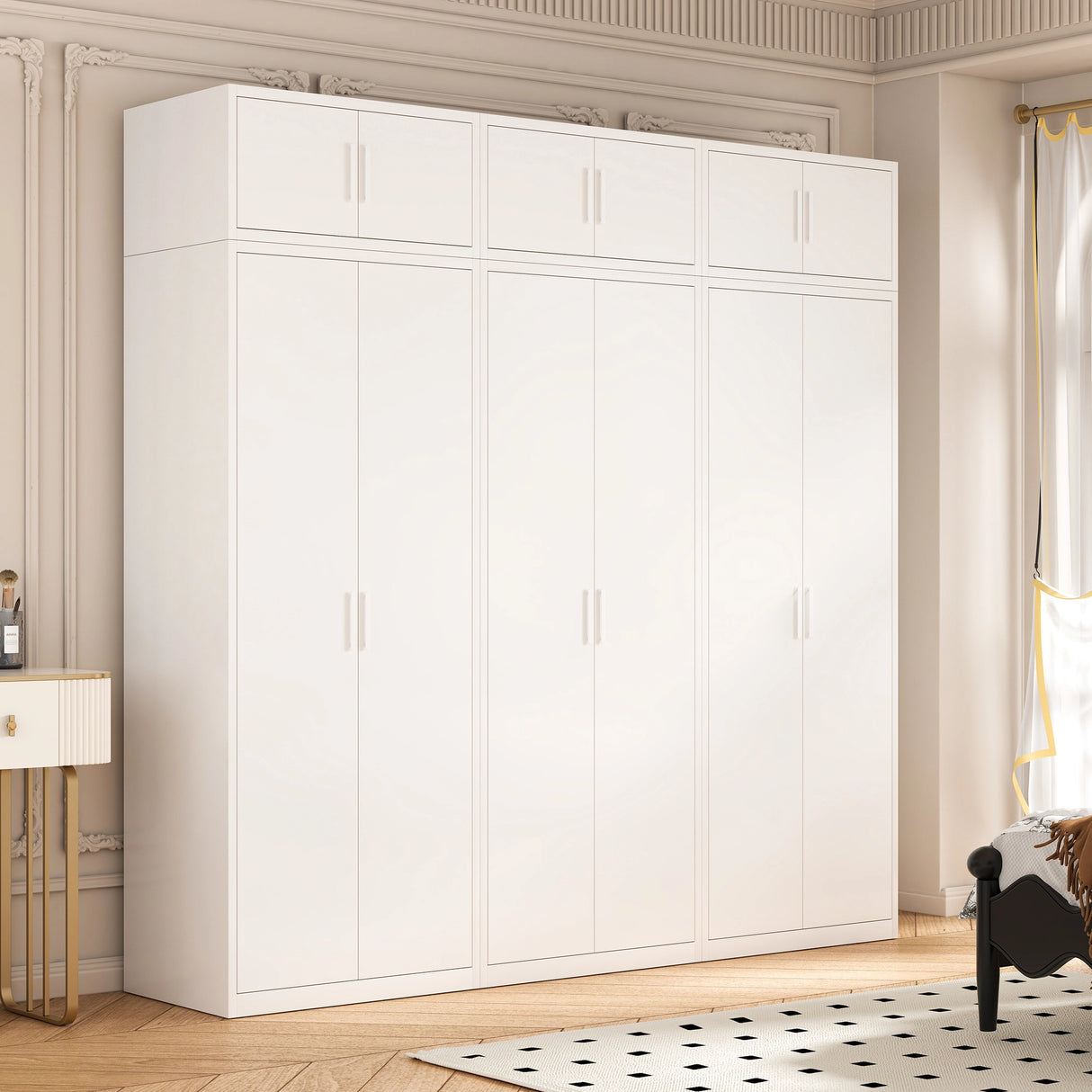 240cm 6-Door White Steel 3 Shelf Wardrobe, Above Storage - White Handle