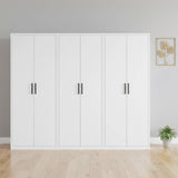 240cm 6-Door White Steel 3 Shelf Wardrobe, No Above Storage - Black Handle