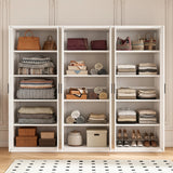 240cm 6-Door White Steel 3 Shelf Wardrobe, No Above Storage - Black Handle - Front View