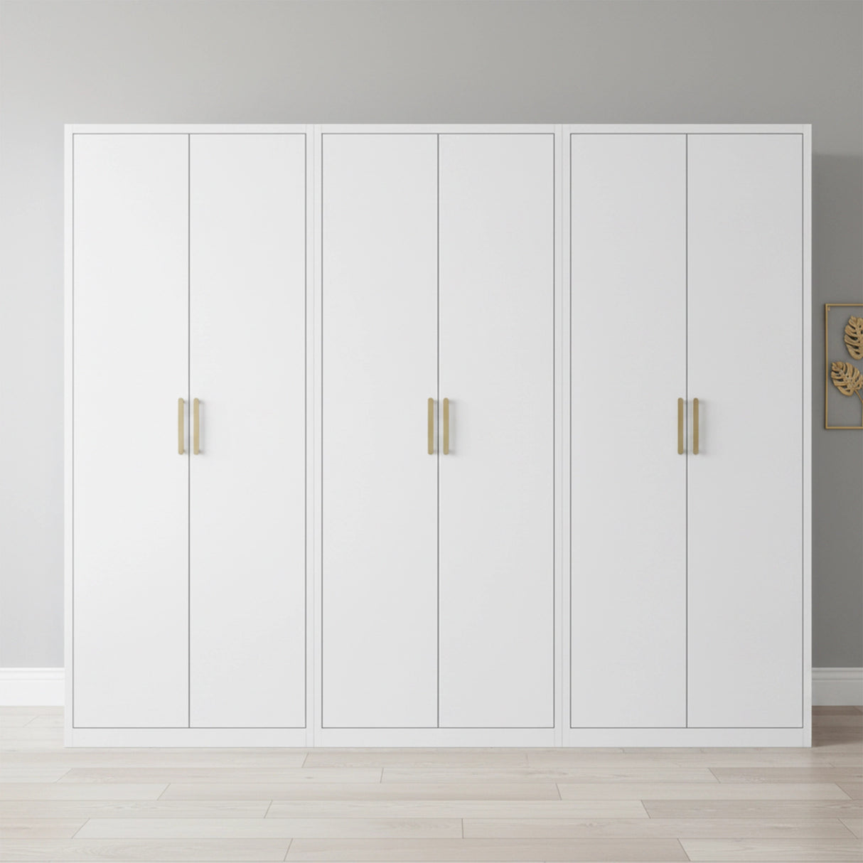 240cm 6-Door White Steel 3 Shelf Wardrobe, No Above Storage - Gold Handle