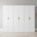 240cm 6-Door White Steel 3 Shelf Wardrobe, No Above Storage - Gold Handle
