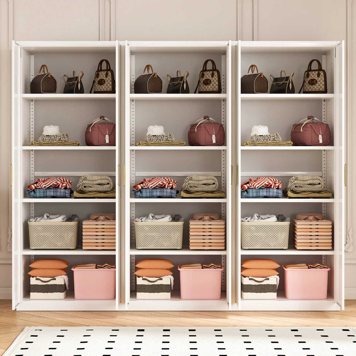240cm 6-Door White Steel 3 Shelf Wardrobe, No Above Storage - Gold Handle