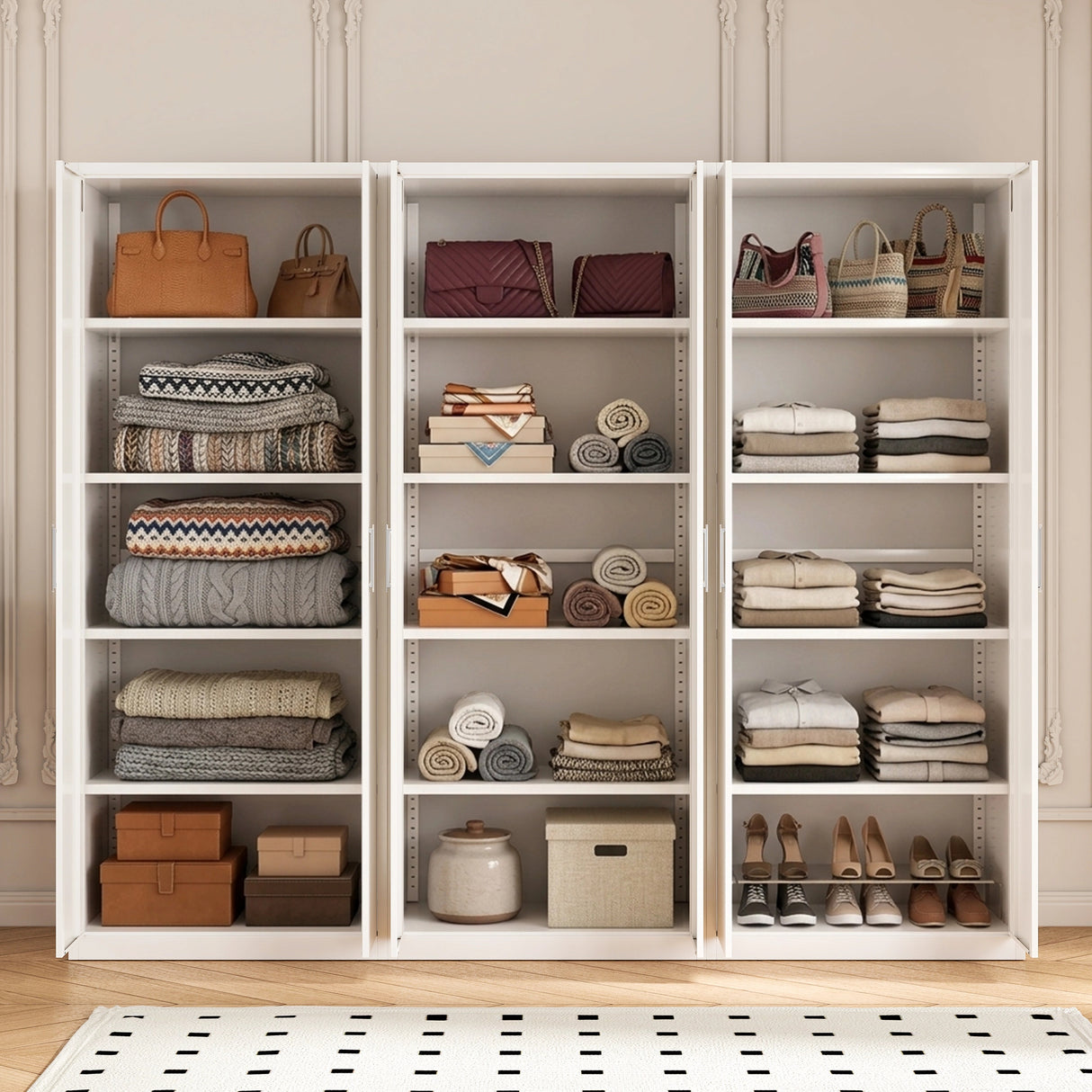 240cm 6-Door White Steel 3 Shelf Wardrobe, No Above Storage - White Handle
