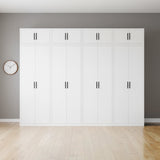 320cm 8-Door White Steel 3 Hanging and 1 Shelf Wardrobe, Above Storage - Black Handle
