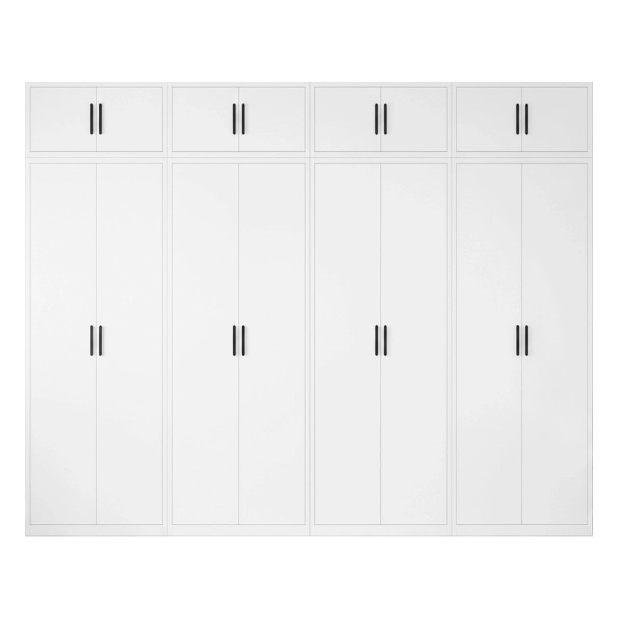 320cm 8-Door White Steel 3 Hanging and 1 Shelf Wardrobe, Above Storage - Black Handle