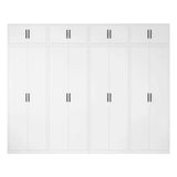 320cm 8-Door White Steel 3 Hanging and 1 Shelf Wardrobe, Above Storage - Black Handle - 45-Degree Angle