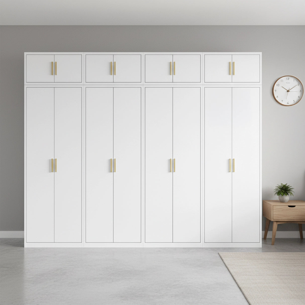 320cm 8-Door White Steel 3 Hanging and 1 Shelf Wardrobe, Above Storage - Gold Handle