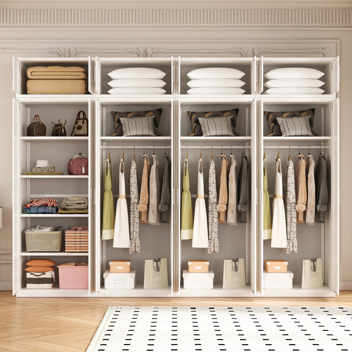 320cm 8-Door White Steel 3 Hanging and 1 Shelf Wardrobe, Above Storage - White Handle