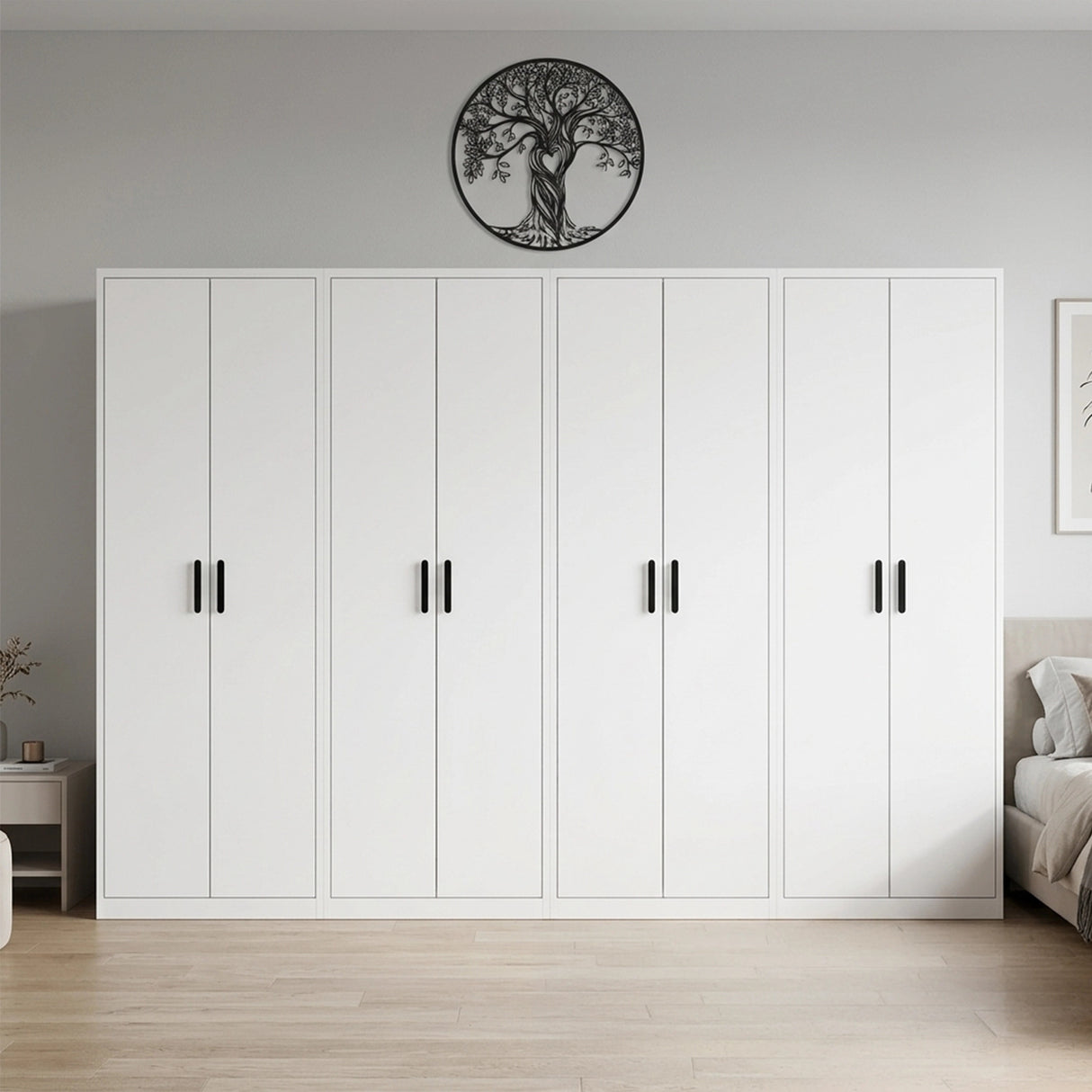 320cm 8-Door White Steel 3 Hanging and 1 Shelf Wardrobe, No Above Storage - Black Handle