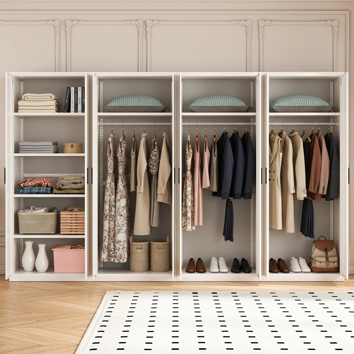 320cm 8-Door White Steel 3 Hanging and 1 Shelf Wardrobe, No Above Storage - Black Handle