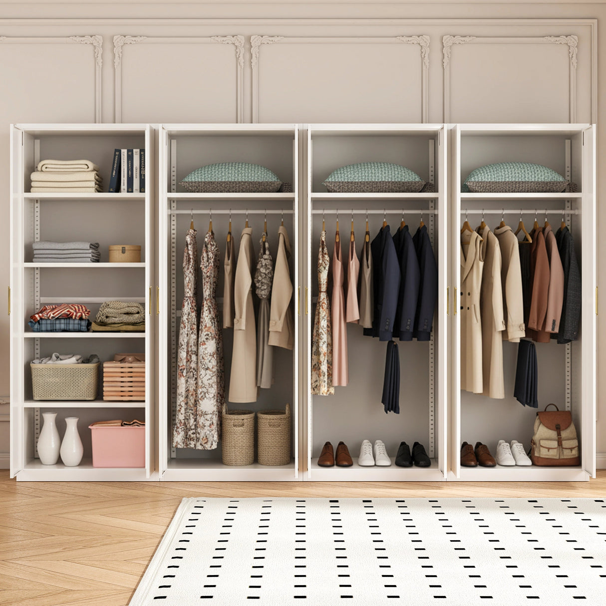 320cm 8-Door White Steel 3 Hanging and 1 Shelf Wardrobe, No Above Storage - Gold Handle
