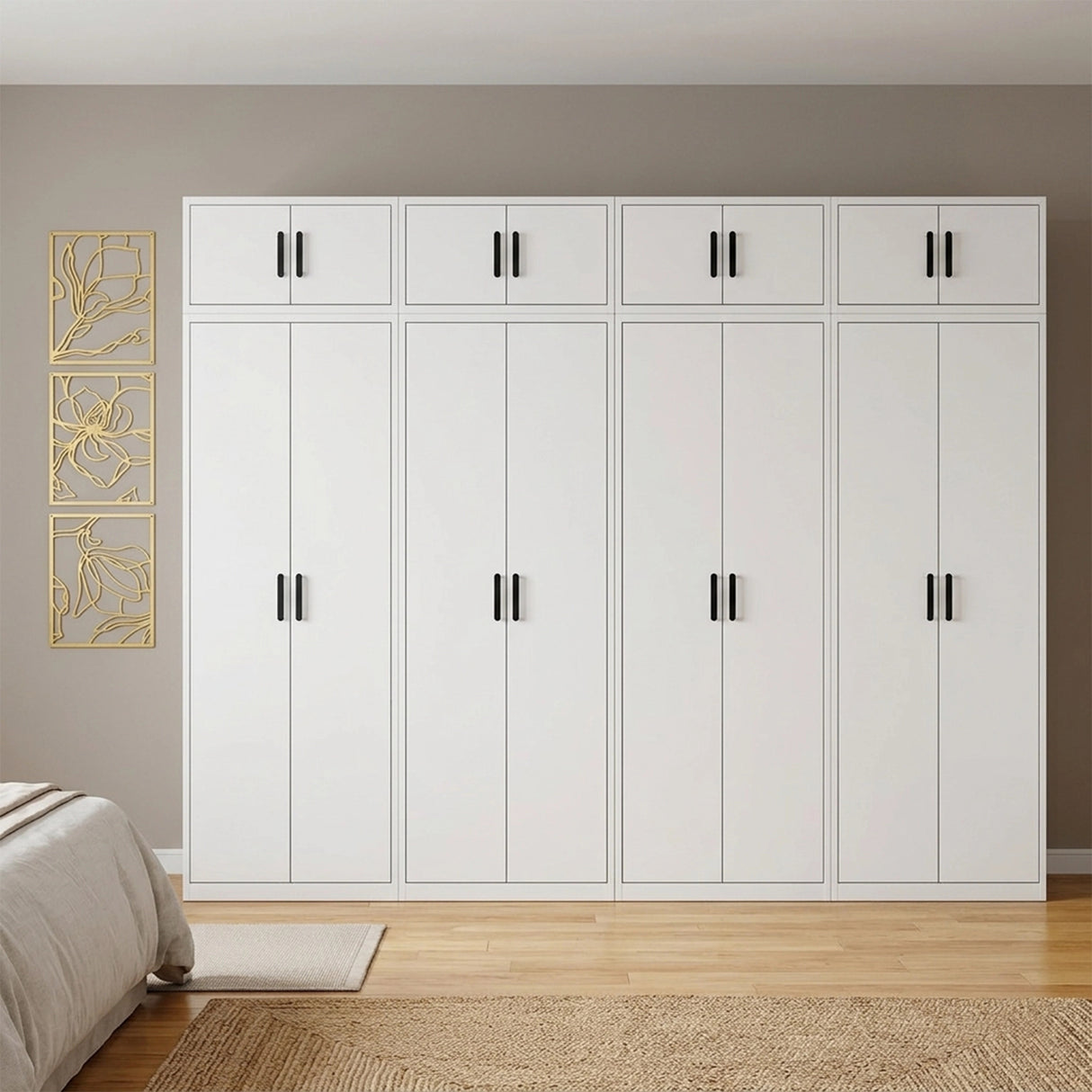 320cm 8-Door White Steel 2 Hanging and 2 Shelf Wardrobe, Above Storage - Black Handle
