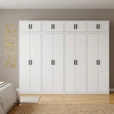 320cm 8-Door White Steel 2 Hanging and 2 Shelf Wardrobe, Above Storage - Black Handle