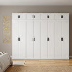 320cm 8-Door White Steel 2 Hanging and 2 Shelf Wardrobe, Above Storage - Black Handle