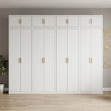 320cm 8-Door White Steel 2 Hanging and 2 Shelf Wardrobe, Above Storage - Gold Handle