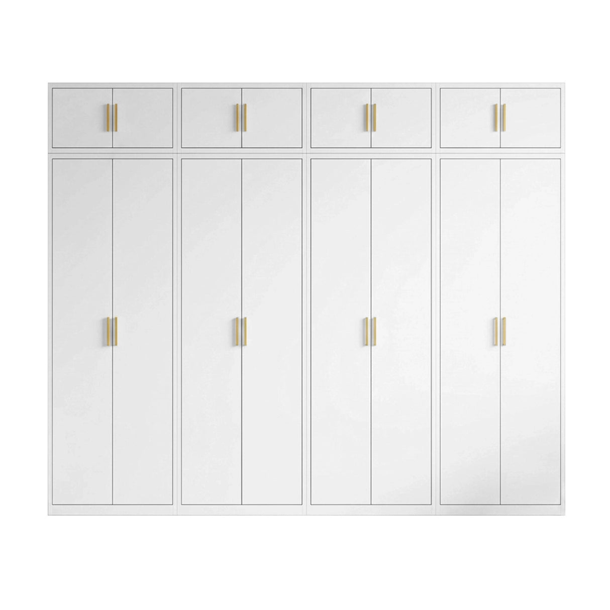 320cm 8-Door White Steel 2 Hanging and 2 Shelf Wardrobe, Above Storage - Gold Handle