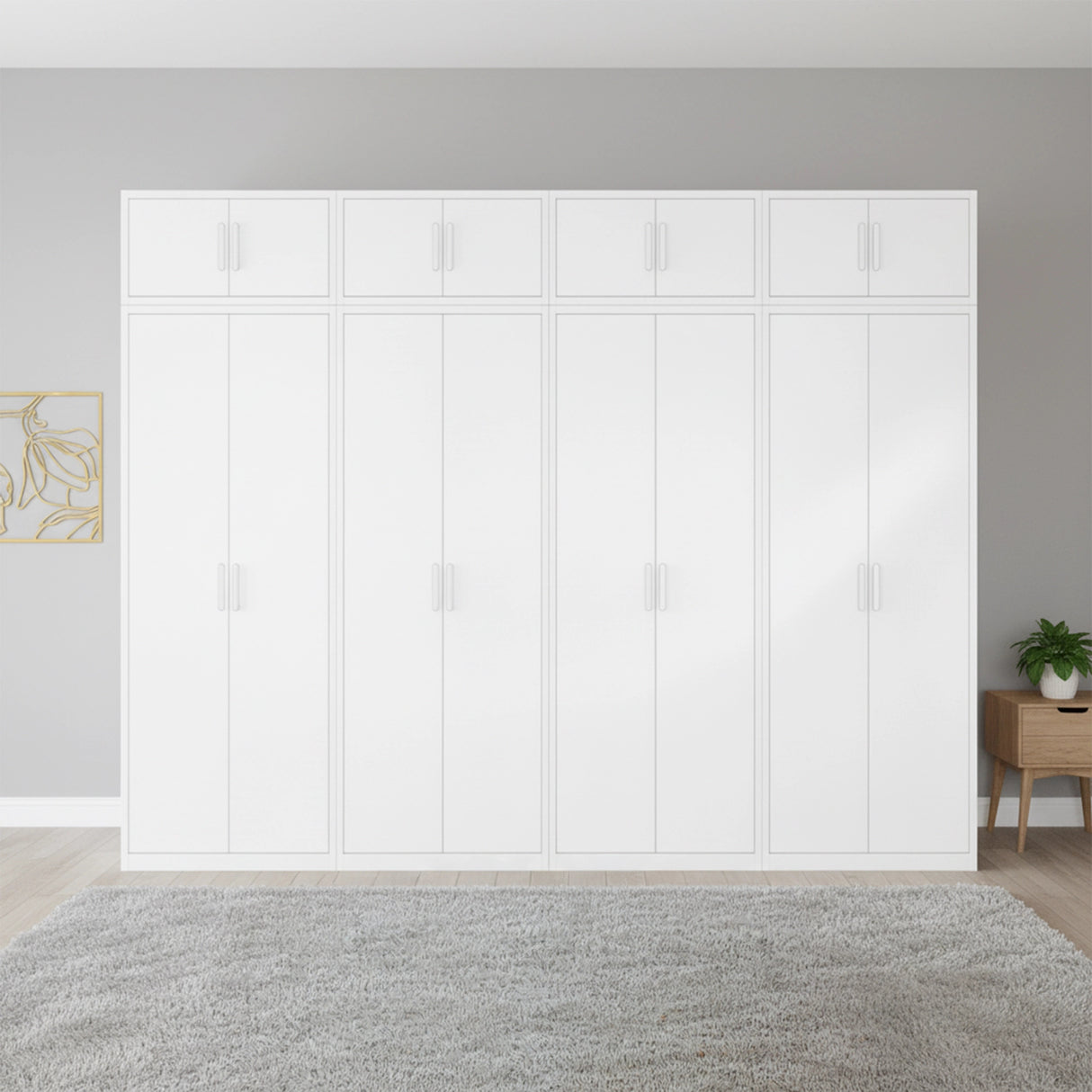 320cm 8-Door White Steel 2 Hanging and 2 Shelf Wardrobe, Above Storage - White Handle