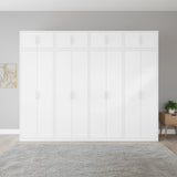 320cm 8-Door White Steel 2 Hanging and 2 Shelf Wardrobe, Above Storage - White Handle
