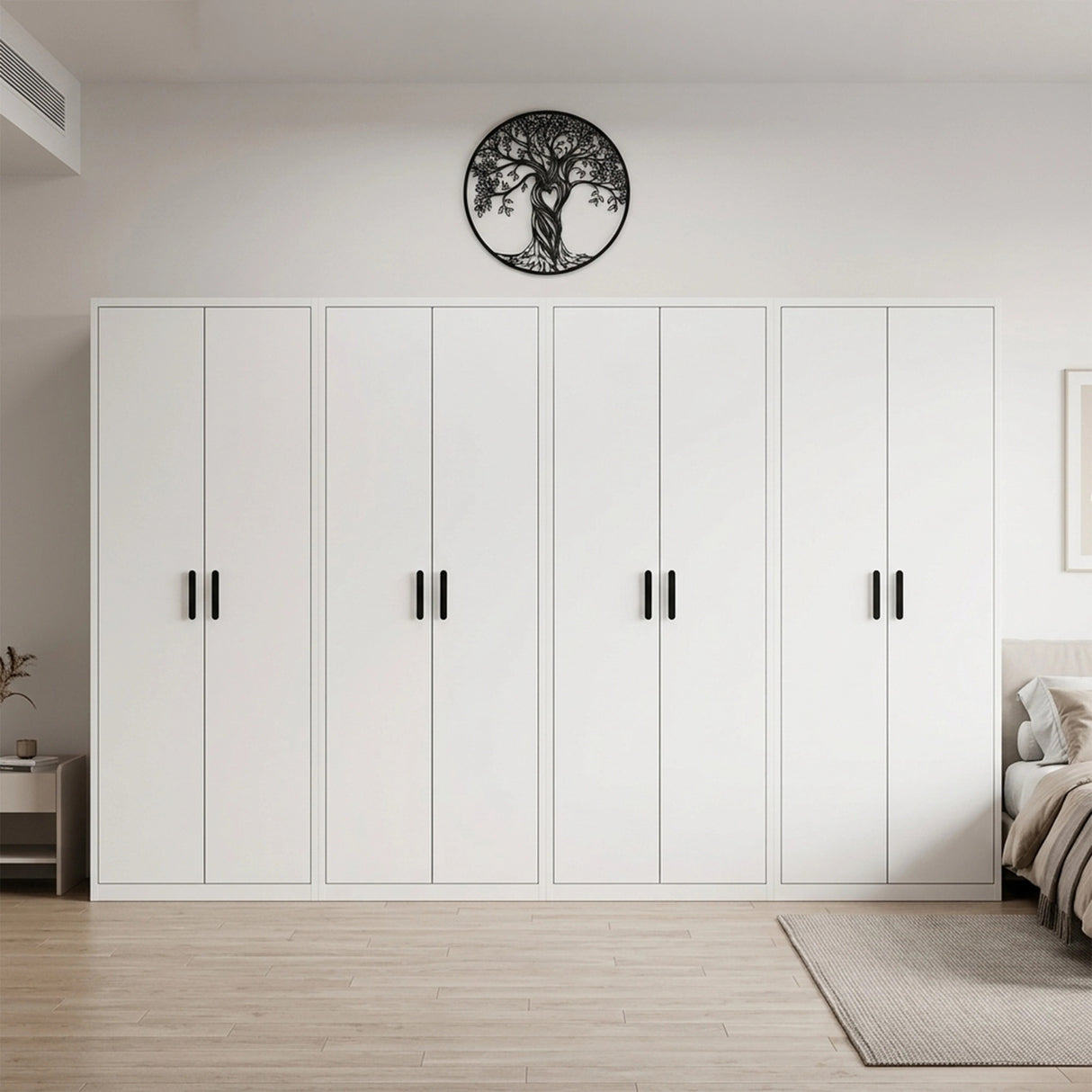 320cm 8-Door White Steel 2 Hanging and 2 Shelf Wardrobe, No Above Storage - Black Handle